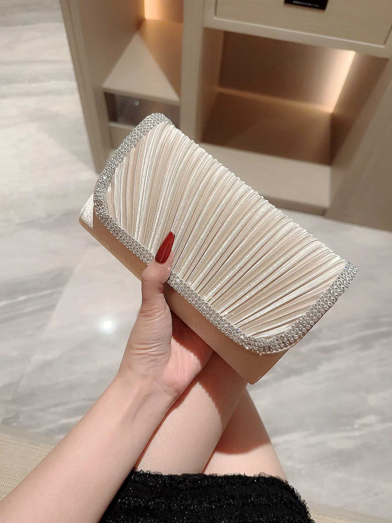 Womens Pleated Satin Flap Evening Bag Sparkling Rhinestone Embellished Clutch Dress Bag Party Bag Prom Bag Wedding Bag Evening H251027