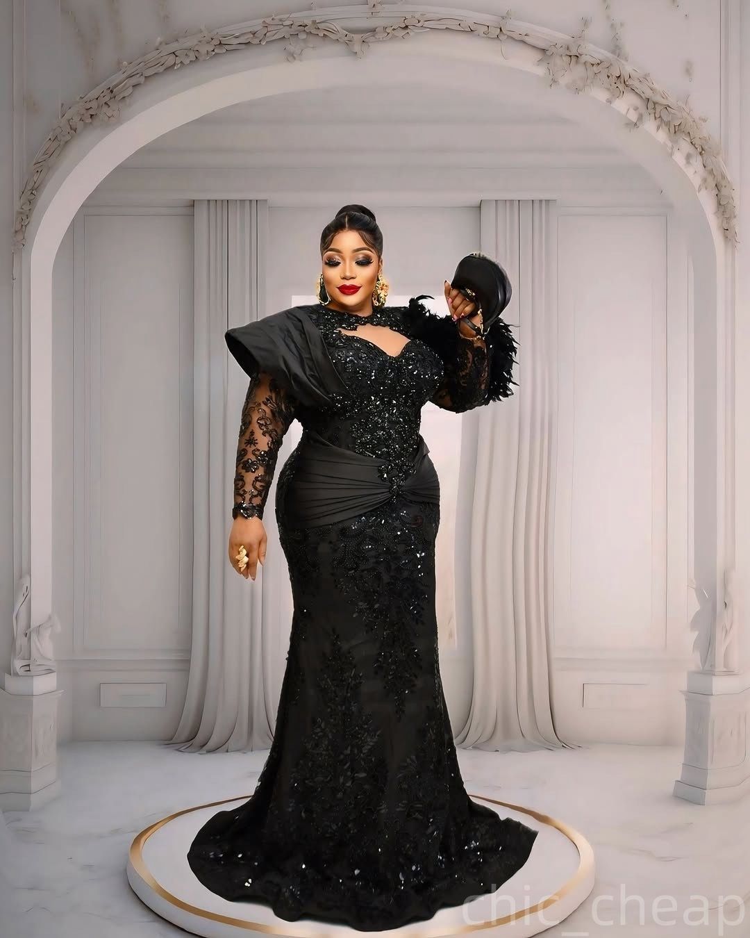 Black Mermaid Prom Dresses Sequined Lace Feather Full Sleeves Evening Formal Party Second Birthday Engagement Gowns Plus Size Dress For Special Occasions