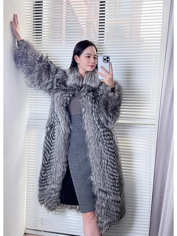 Womens Genuine Sivler Fox Fur Coat Thick Warm Fur Jacket Winter coat 251027
