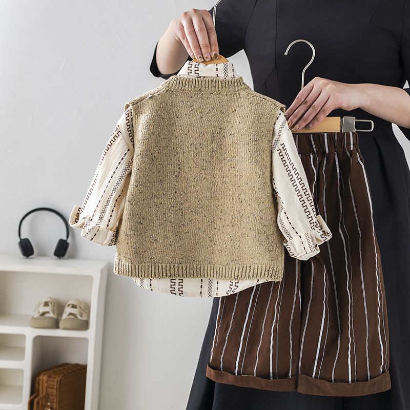 luxury kids clothing 2025 Boys Spring Clothing Set, Korean Style Forest Print 3-Piece Outfit, Straight Leg Pants and Shirt for Toddler