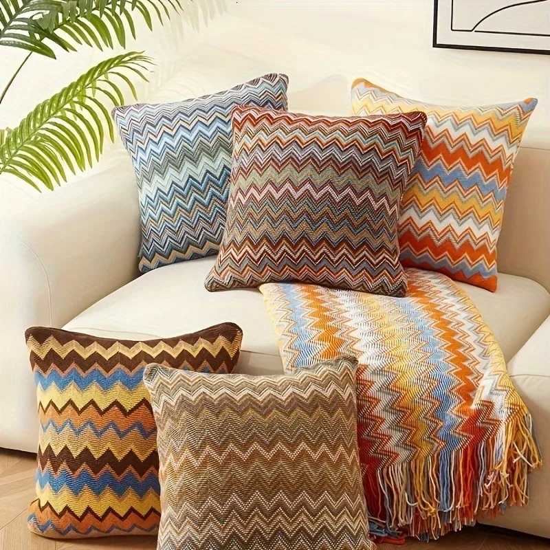 Pillow Case 1pc Cosy Bohemian Knit Cover 45x45cm Striped Winter Cushion Case Soft Nylon Zipper Closure Hand Wash Sofa Bed Decor C251028