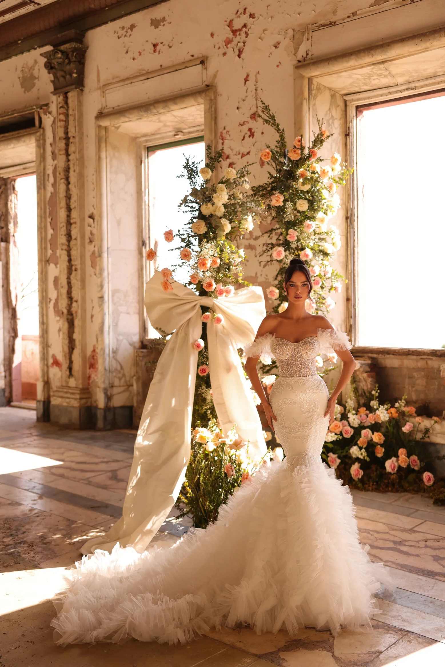 Luxury Mermaid Evening Dresses Ruffles Train Off Shoulder Sleeveless Beading Appliques Bridal Gowns Customized Vestidos De Novia