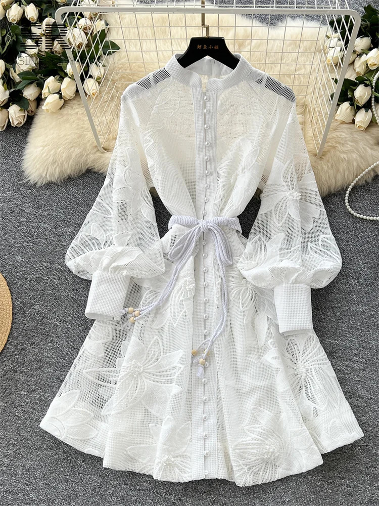 SINGREINY Women Elegant Floral Emboridery Dress Hollow Out Long Sleeve Single Breasted Belt French Court Chic Short A Line Dress 251027
