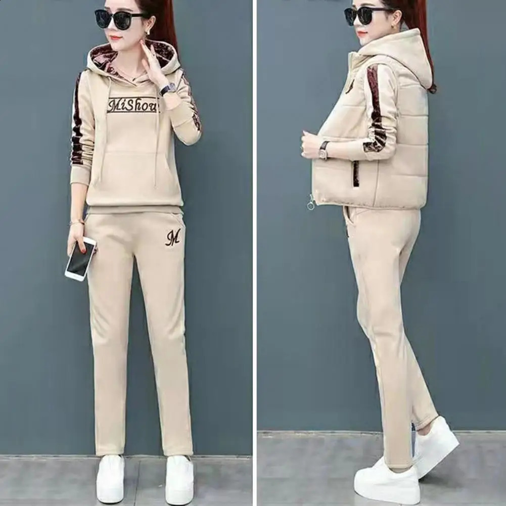 3 PcsSet Women Waistcoat Top Pants Warm Pockets Elastic Waist Lady Fall Winter Set Letter Embroidery Hooded Drawstring 251027