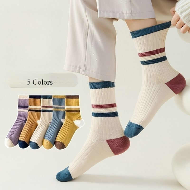 OC5002 Four Season Universal Women's Socks Sweat Absorbing Breathable Midsole Wholesale Customized Color Stripes Fashionable Casual Color Matchin