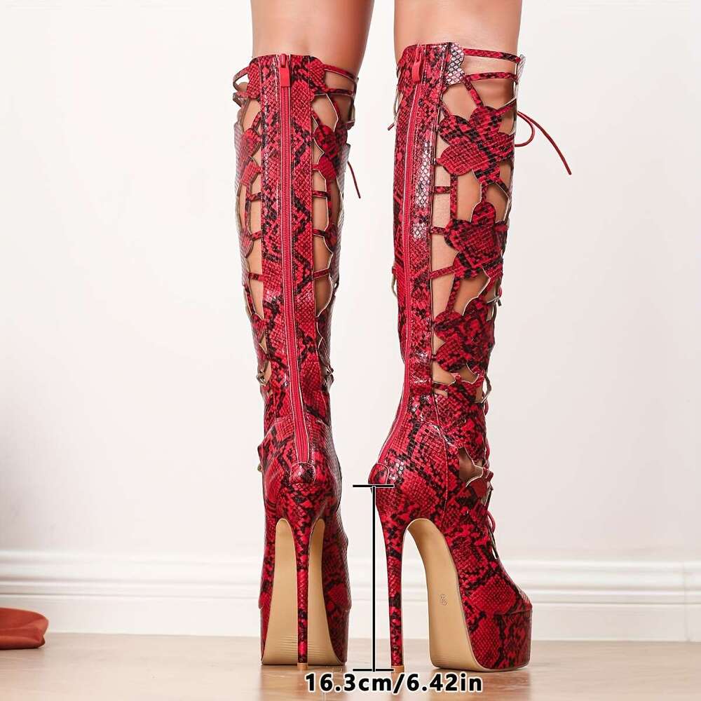 Women's Red Snake Print Open-Toe Stiletto Knee-High With Lace-Up Straps & Zipper Closure - 16Cm Ultra-High Dress Boots For Parties, Weddings, For