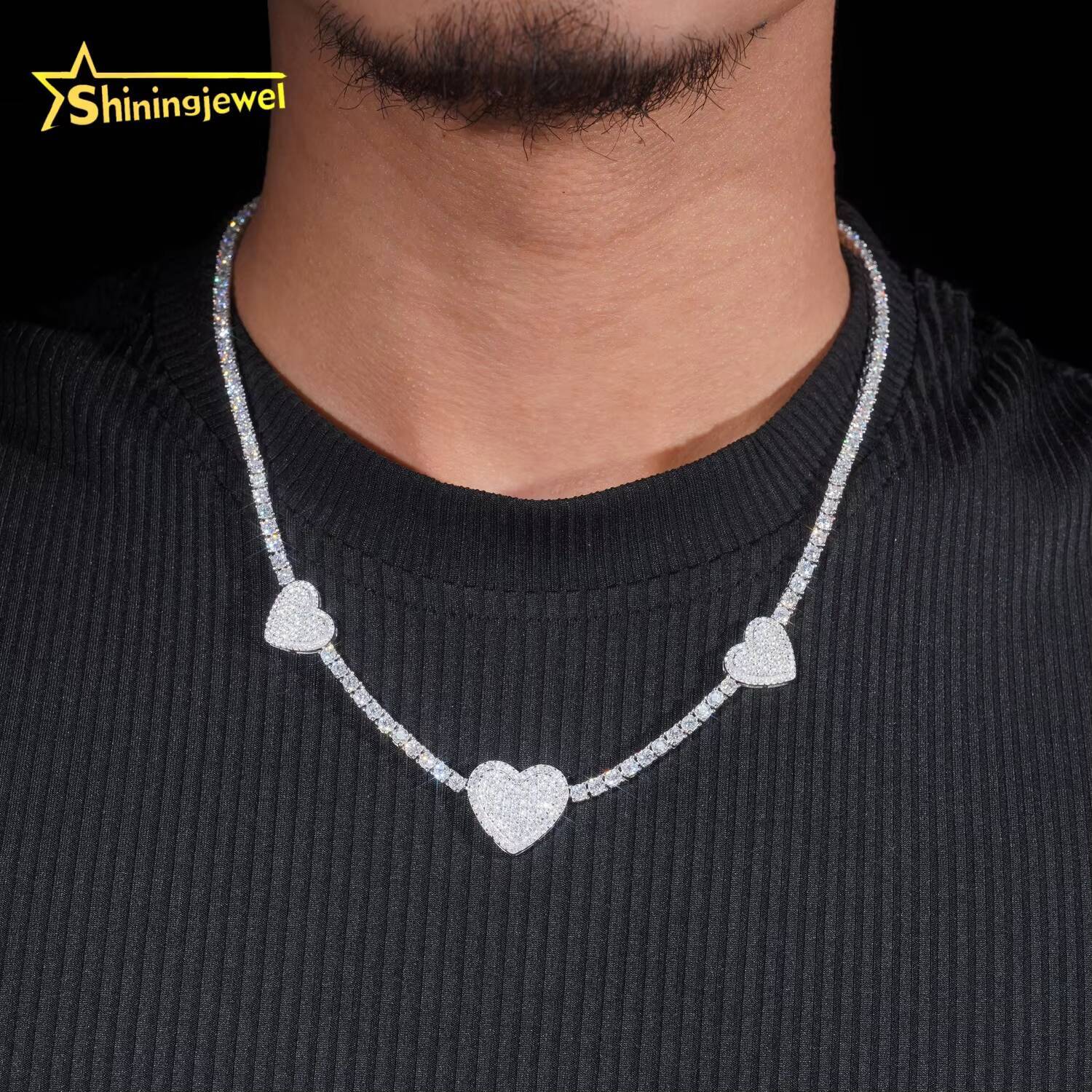 Fine Jewelry Iced Out 925 Silver Heart Style 3MM Moissanite Tennis Necklace High Quality Custom Moissanite Tennis Chain for Men