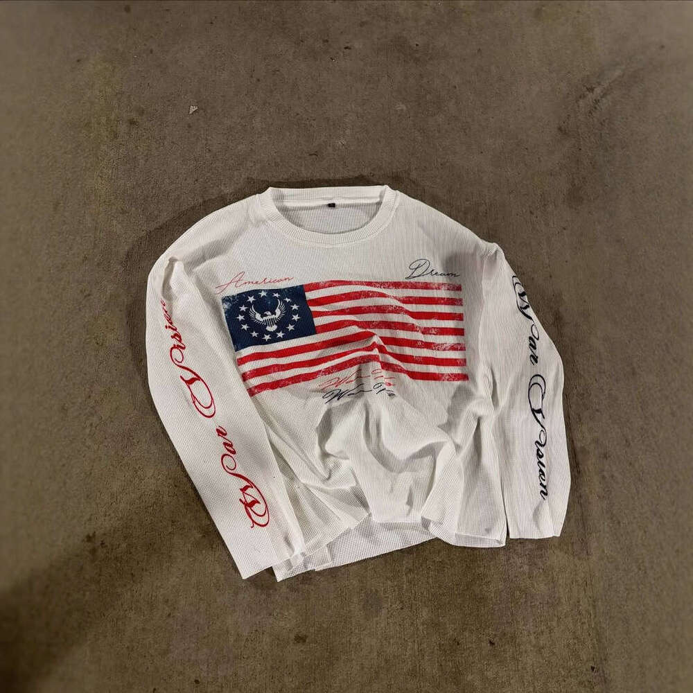 American Street Style USA Flag Letter Print Pattern Unisex Fashion Loose Pullover Top