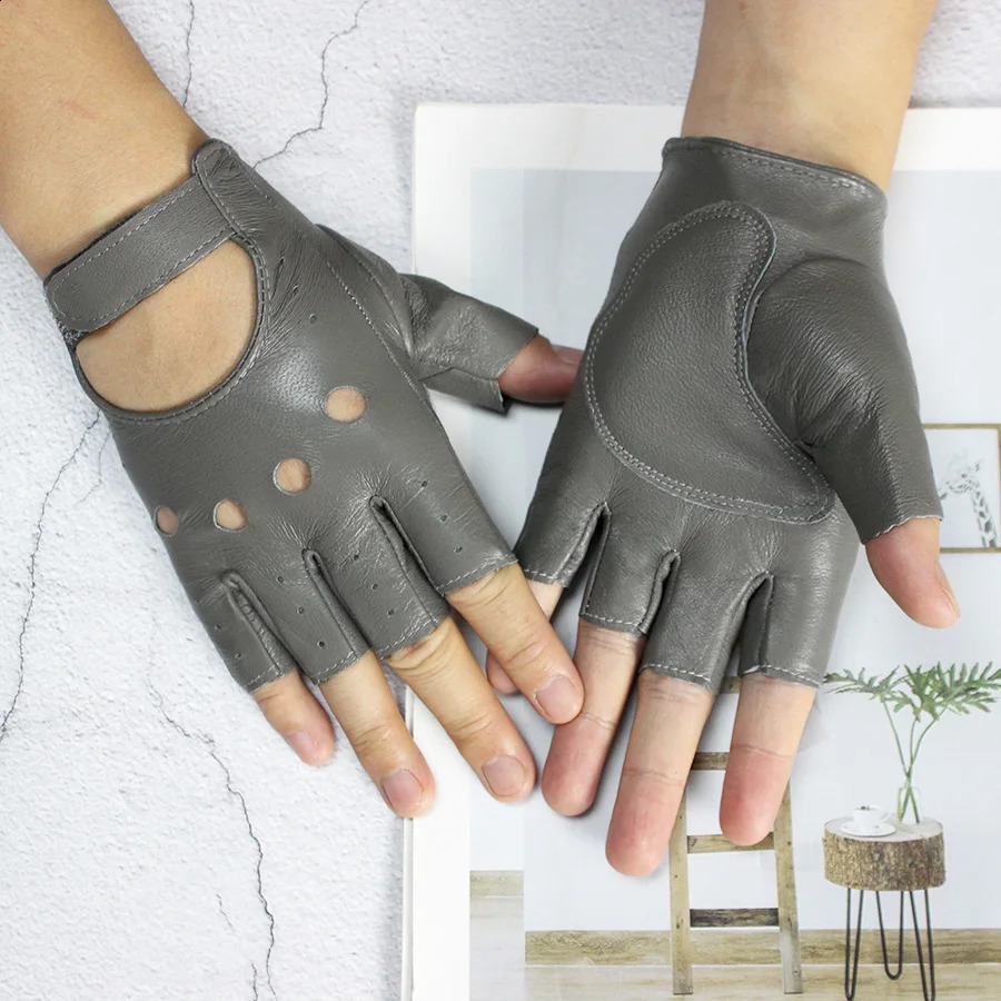 Leather HalfFinger Gloves Female Fitness Fashion Driver Driving SingleLayer Unlined Hollow Short Motorcycle Riding Gloves 251027
