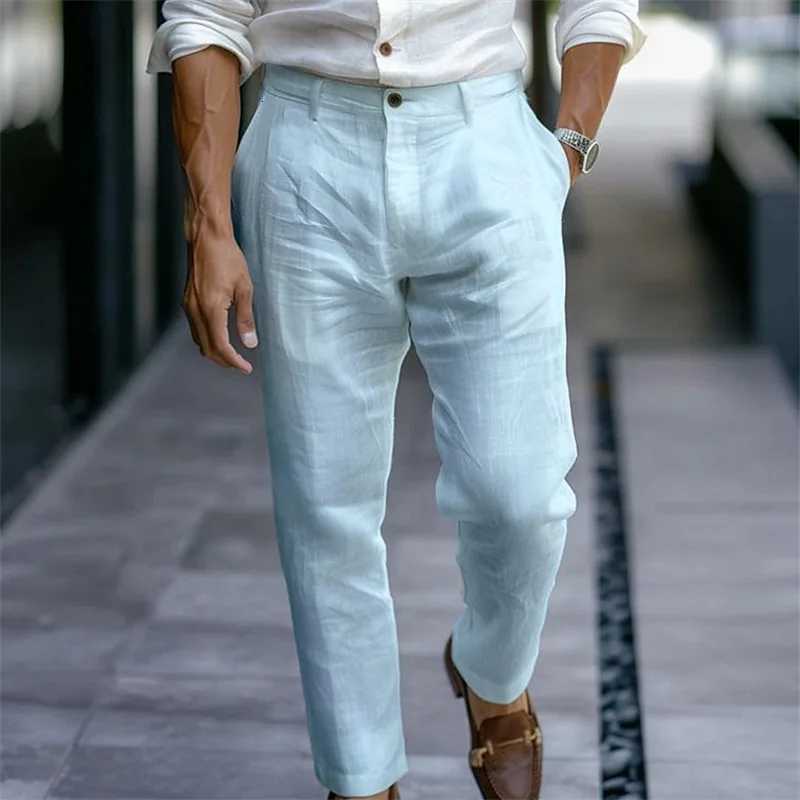 2025 Male Mens Casual Dress Linen Pants Solid White Gray Trouser Plus Size 3xl Mens Elegant Fashion Sweatpants Men Streetwear W251028