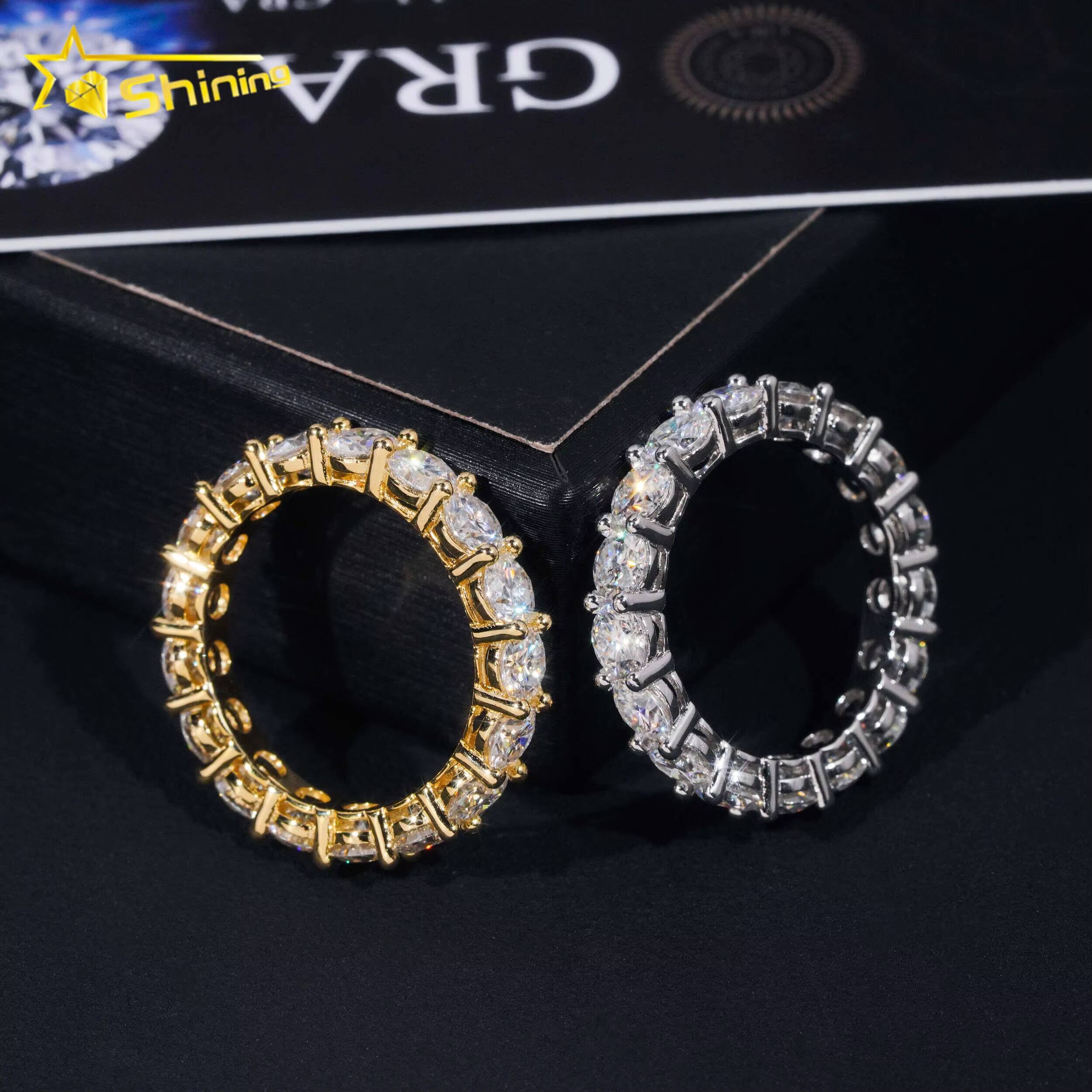Stocks Solid 925 Sterling Silver Gold Plated Hip Hop Jewelry Luxury Fully Iced 4mm Diamond Moissanite Band Ring Eternity Rings