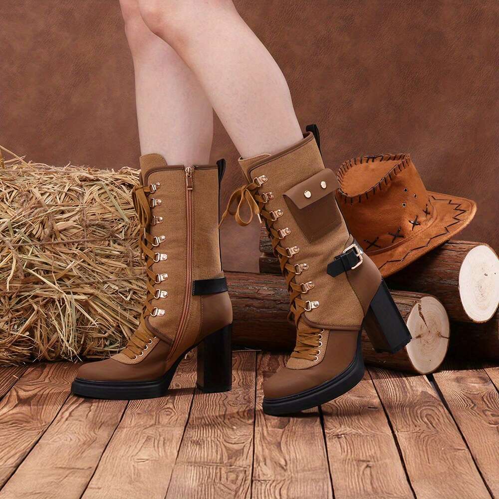 Women's Platform Ankle Boots - Chunky High Heel, Front Lace-Up Design With Side Pocket Decoration And -Fabric Combo