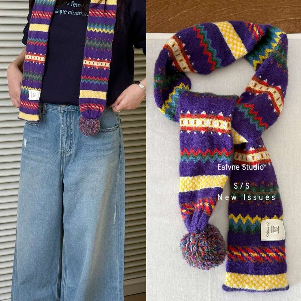 Vintage Dreamy Purple Retro Striped Pom-Pom Scarf Short Autumn Winter Warm Neck Warmer for Women Jacquard
