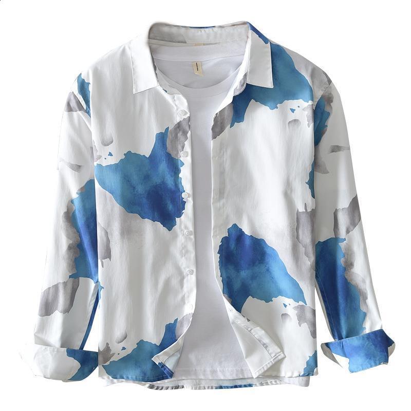 Spring and Autumn style lapel fashionable long sleeved mens printed button patch work shirt Korean style pure cotton top240802