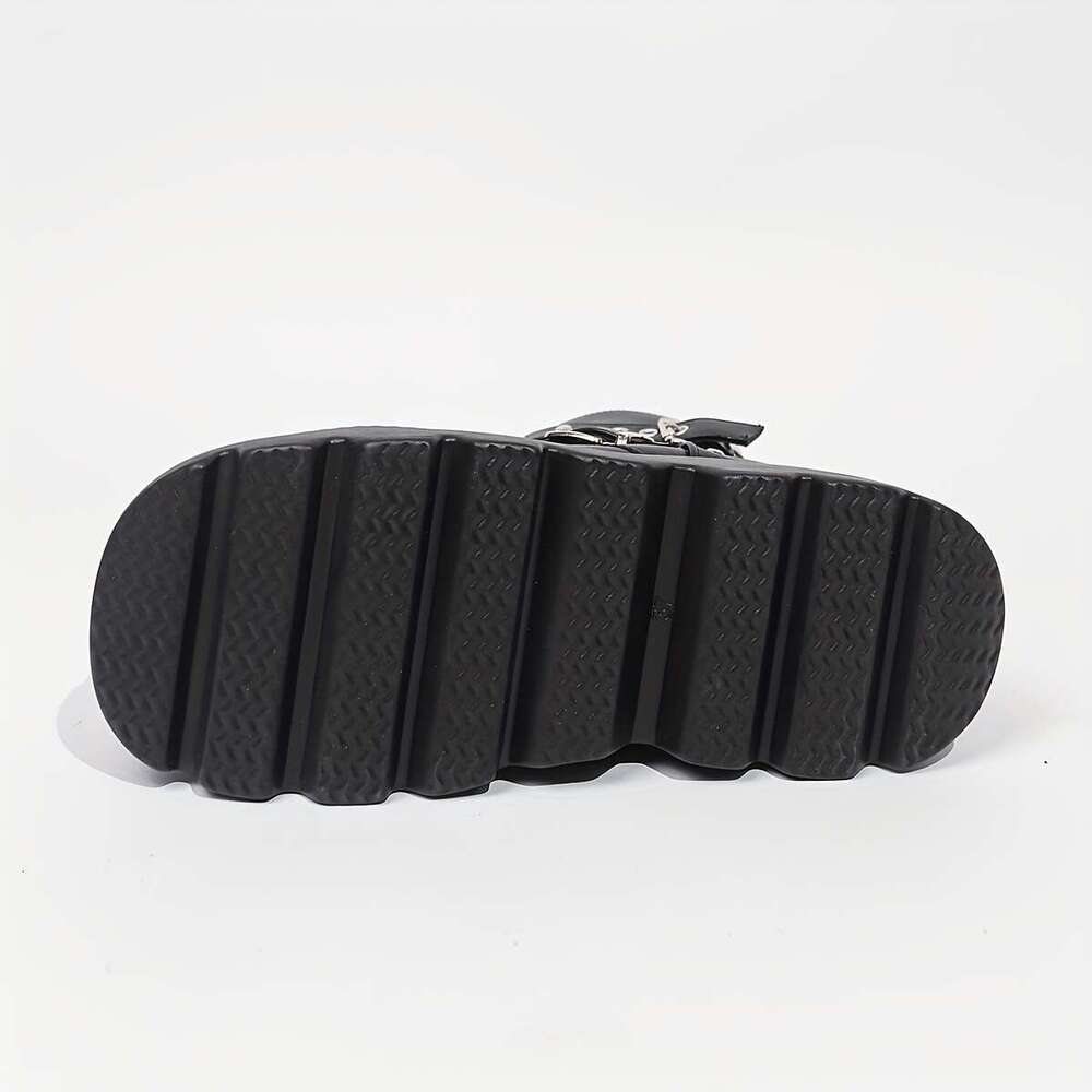 Women's Punk Style Ankle Thick Platform Sole, Side Zipper Closure Chunky Buckle Details - Black Synthetic Cover Round Toe Boots With Cushioned In