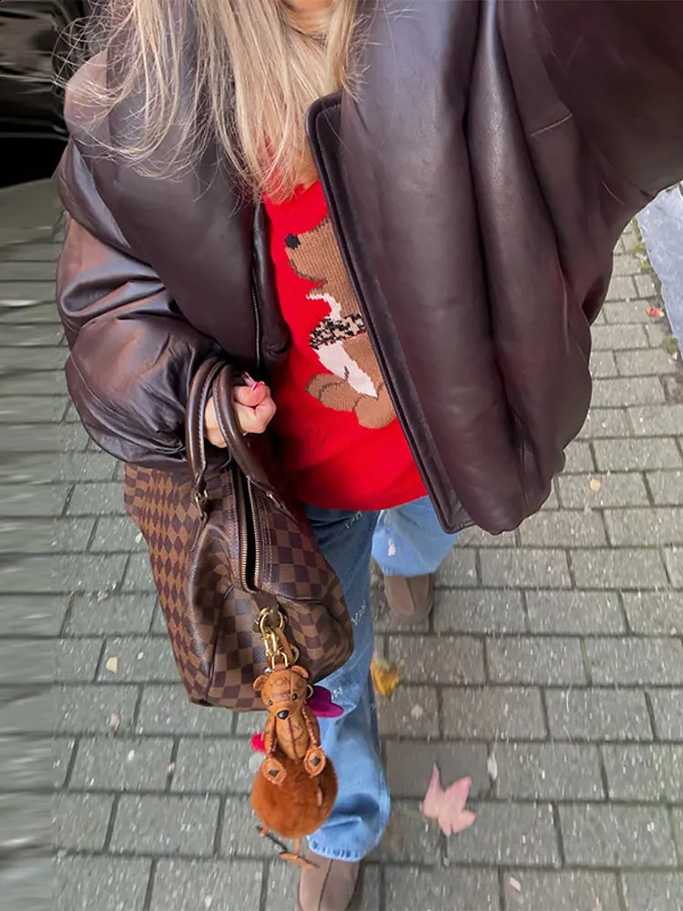 Warm VNeck Thick Leather Short Jacket Woman Long Sleeves Loose Versatile Coats Casual Street Womens Autumn Winter Jackets 251027