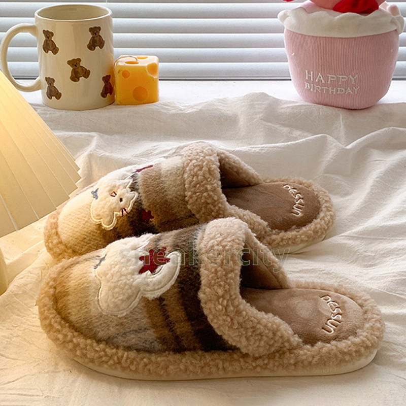 designer slides cozy warm cotton slippers stylish ladies winter indoor outdoor fuzzy cartoon slippers soft faux fur flats home shoes size 36-41