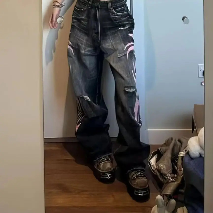 Y2K American Vintage Mottled Totem Print Baggy Jeans Womens High Waist Wide Leg Jeans Womens Harajuku Trendy Hiphop Jeans 251027