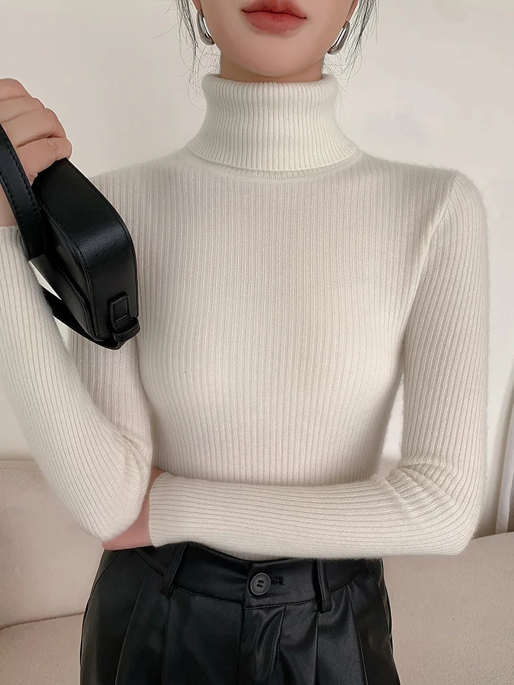 Womens High Neck Knitted Sweater Korean Version Slim Long Sleeve Solid Simple Basic Style Knit Pullover Top Autumn 251027