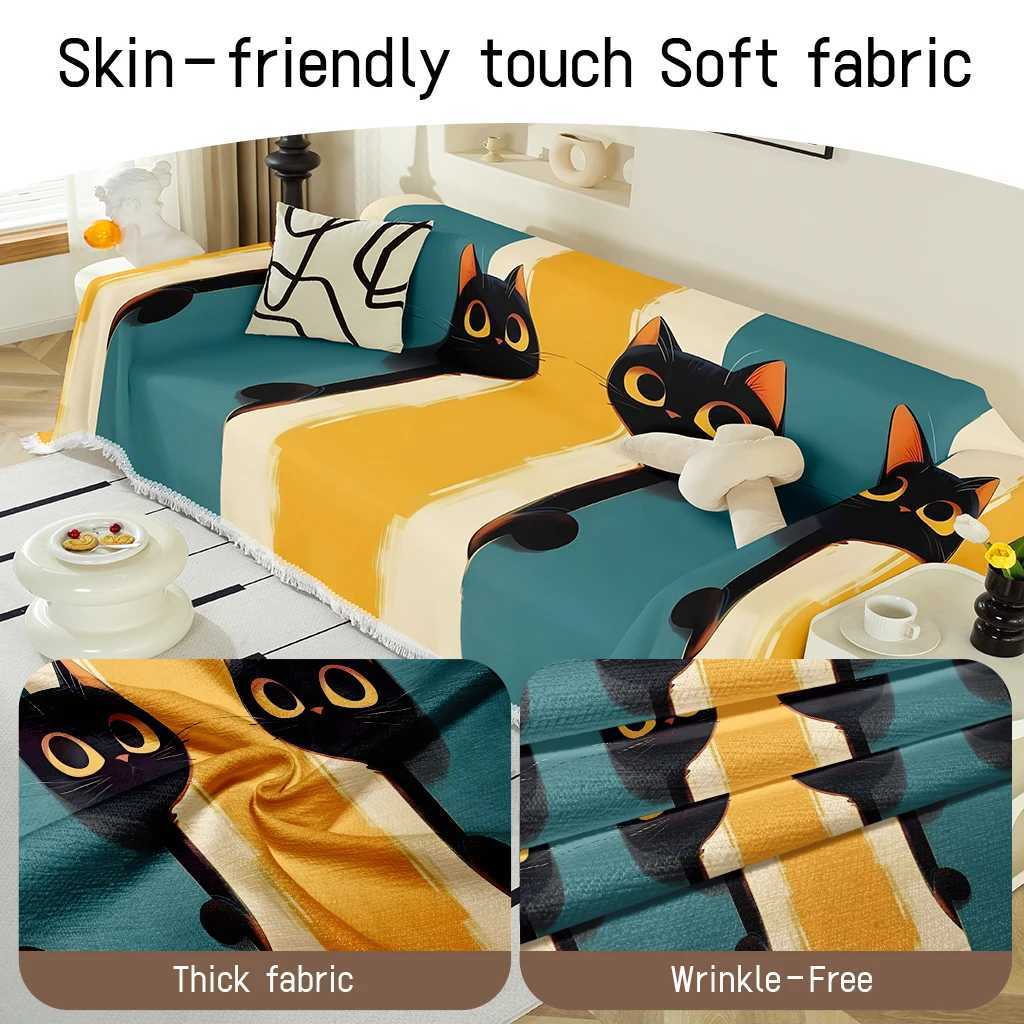 1234seater Blue and yellow patchwork design black cat print sofa cover tassel design washable sofa cover C251028