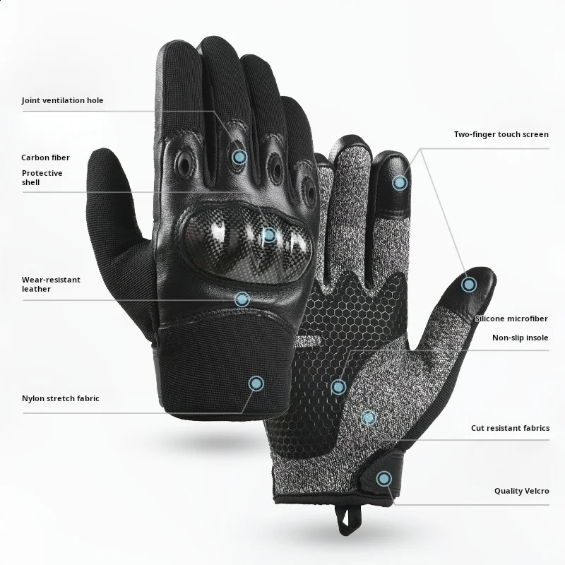 Full finger and half finger tactical gloves touch screen anti cutting and anti stabbing made of carbon fiber and leather mater 251027