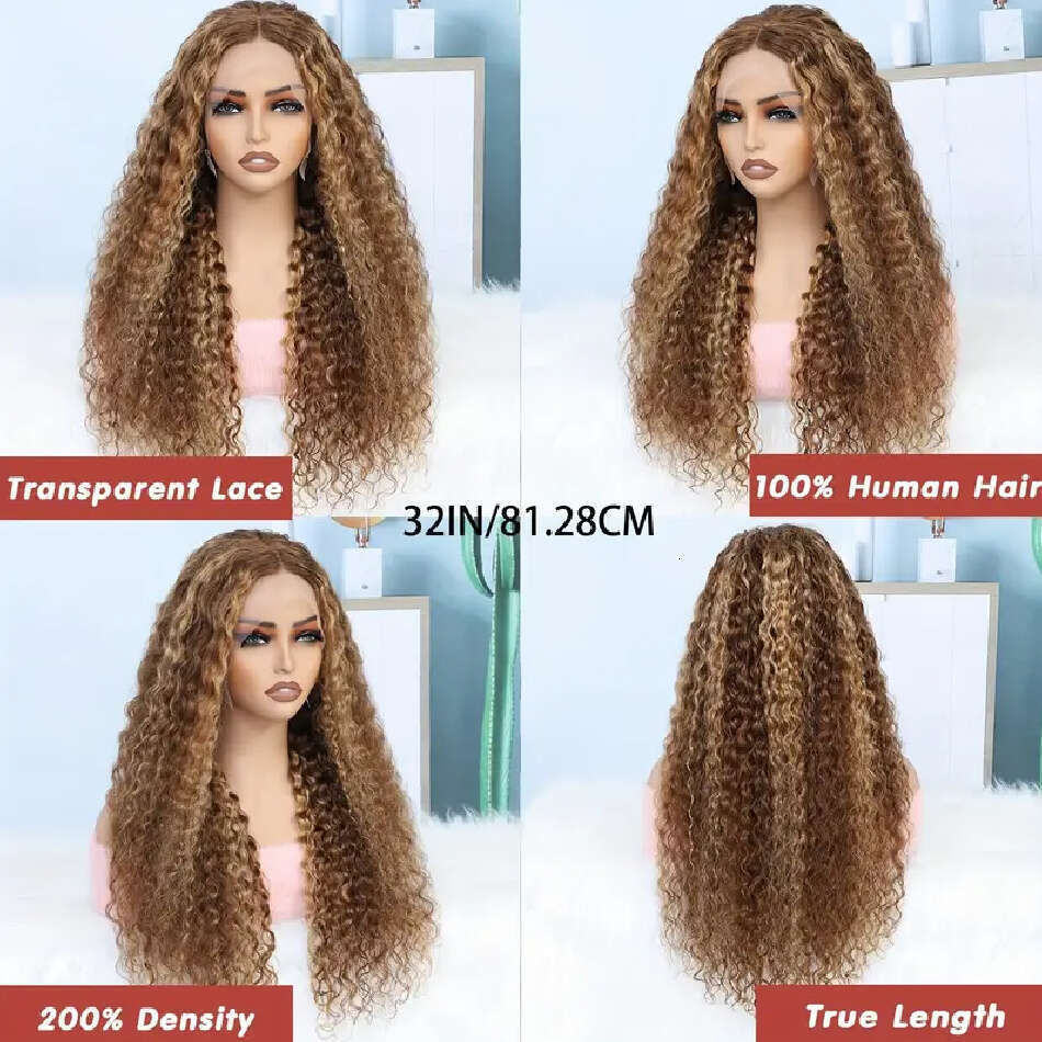250% Density 13X4 HD Transparent Lace Front Human - Ombre Honey Blonde To Darker Brown Kinky Deep Curly With Pre-Plucked Baby Hair, Vacation Style Nat