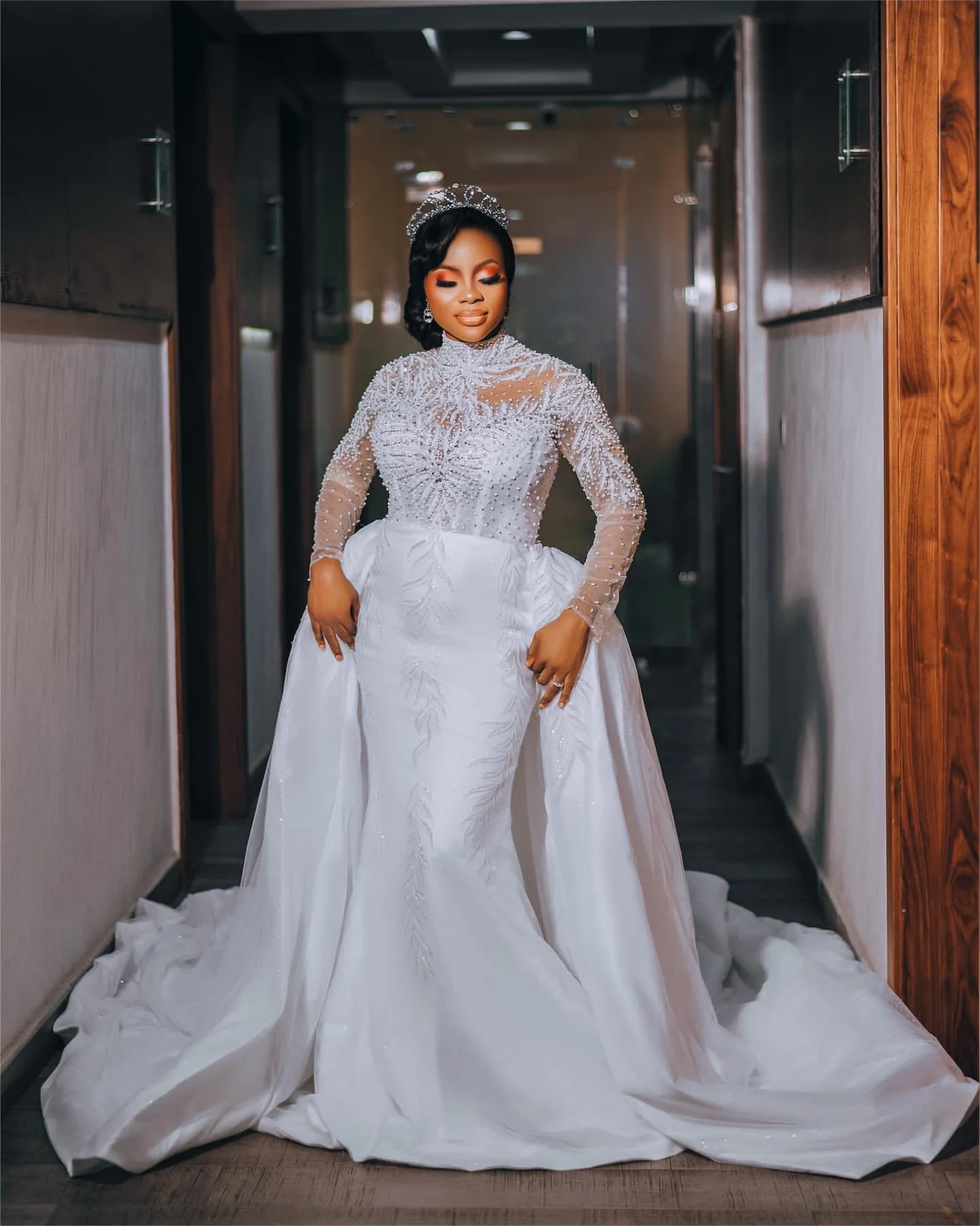 Arabic Aso Ebi Plus Size Mermaid Wedding Dress in Ivory with Lace Full Sleeves Pearls Crystals and Detachable Train