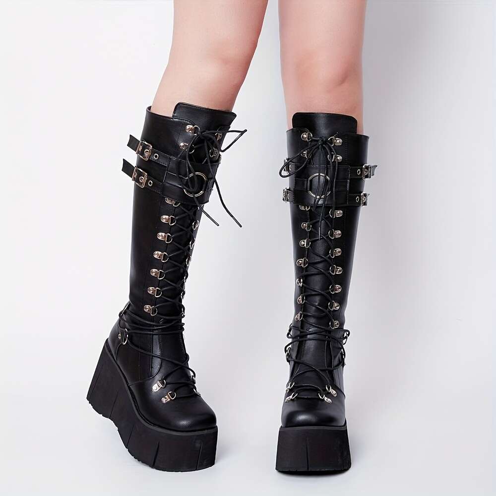 Y2k Gothic Women's Round Toe Lace Up Buckle Straps Metal Eyelet Thick Sole Rock Concert Cosplay Street Combat Boots