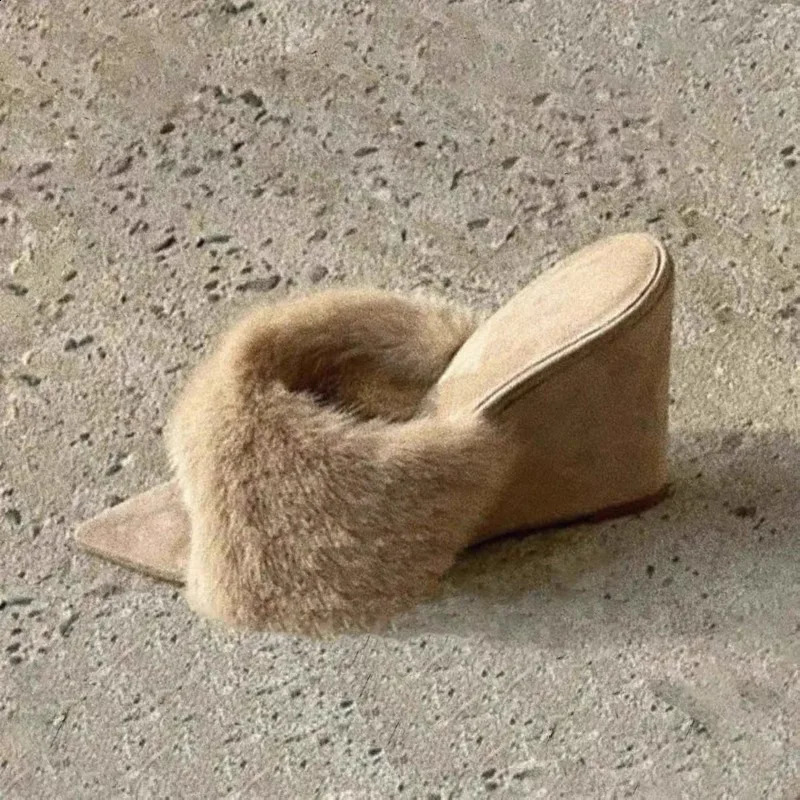 Wedge Slippers Fall Pointed Toe Peep Toe Plush NonSlip WearResistant High Heel FlipFlops 251023