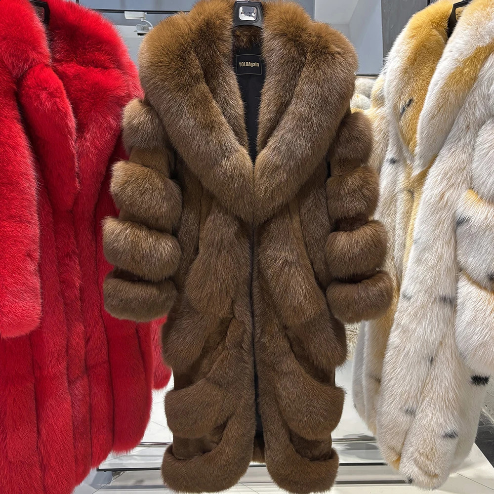 YOLOAgain 2025 Winter Warm Real Fox Fur Coat Women Pink Fox Fur Jacket Long 251027