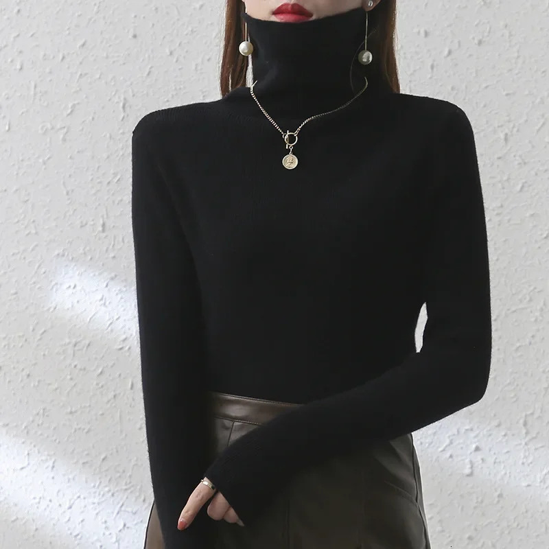 Womens Autumn and Winter 100 Wool Casual Warm Stacked High Neck Wool Loose Thick Underlay Knitted Sweater Top 251027