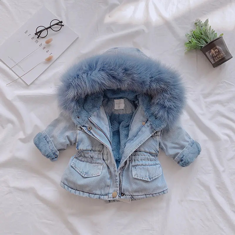 Childrens Denim Jacket Winter Plush and Thick Warm Jacket Baby Hooded Large Fur Collar Denim Casual Korean Cotton Jacket 251027