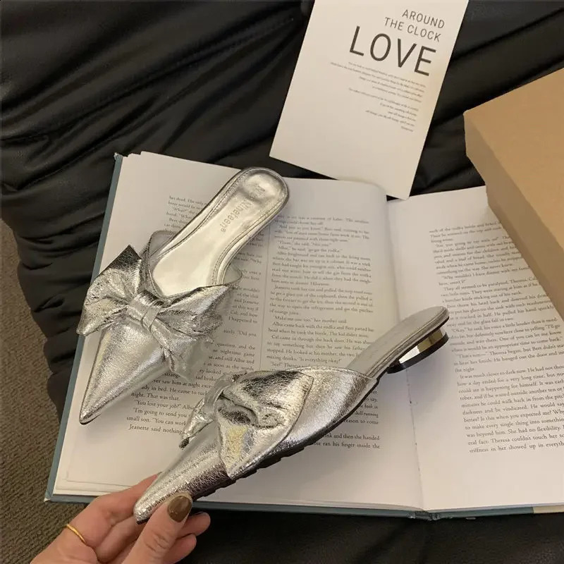 Bowtie Mule Shoes Women Fashion Pointed Toe Stripe Wave Slipon Sandals Ladies Satin Silk Outdoor 251023