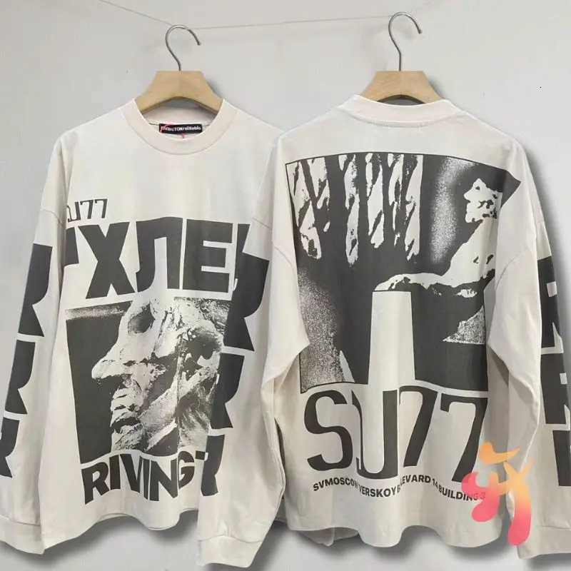 25ss Retro Fashion Hiphop Strt Washed Worn RRR123 Long Slve Tshirt Graffiti Round Neck Pullover Men Women Cotton Tops X251028