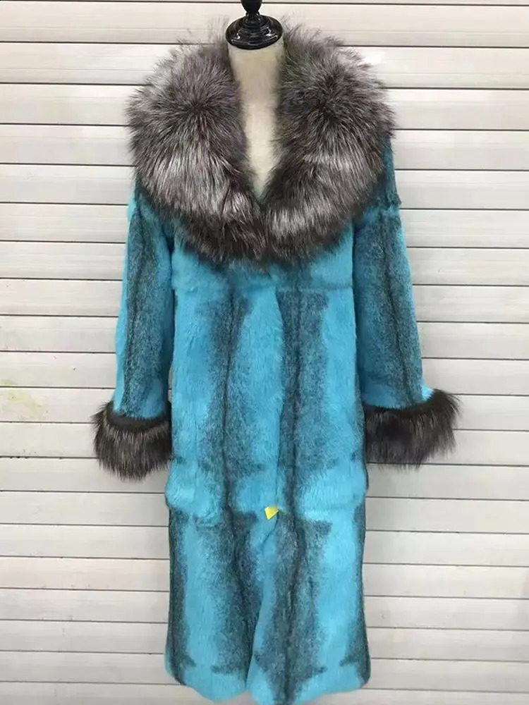 Style Winter Natural Rabbit Fur Long Coat With Silver Fox Fur Collar and Sleeve Jacket For Women Outerwea 251027