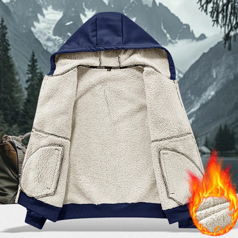 Men Winter Jacket Fleece Lined Hooded Thicken Casual Warm Coat EU Size Solid Loose Hoodie Outwear Parks Mens Clothing Top 251027