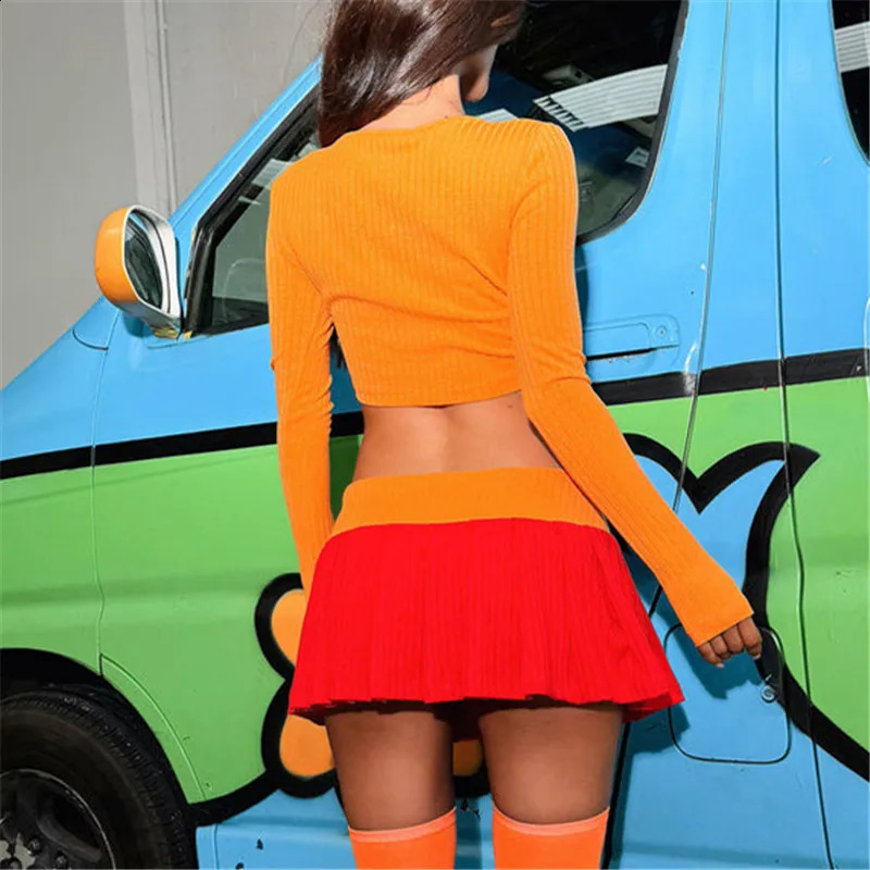 Halloween Velma Costume for Women Orange Long Sleeve Crop Top and Pleated Mini Skirt with Stocking 3Pcs Skirts Party Set 251020