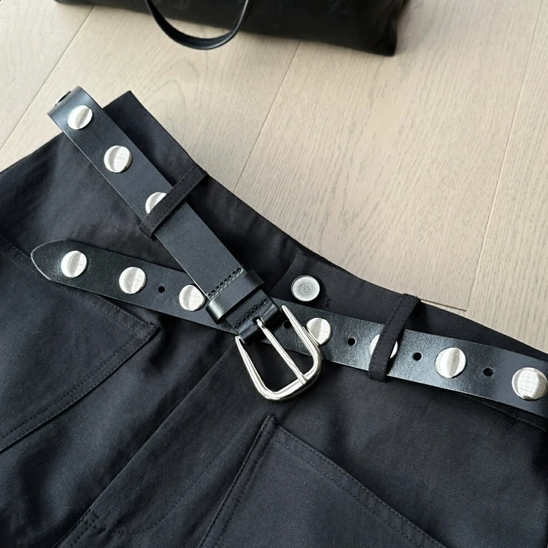 Womens Y2K Punk Style Belt 23cm Wide Black Rivet Waist Belt American Retro Fashion for Jeans and Cargo Pants 251027