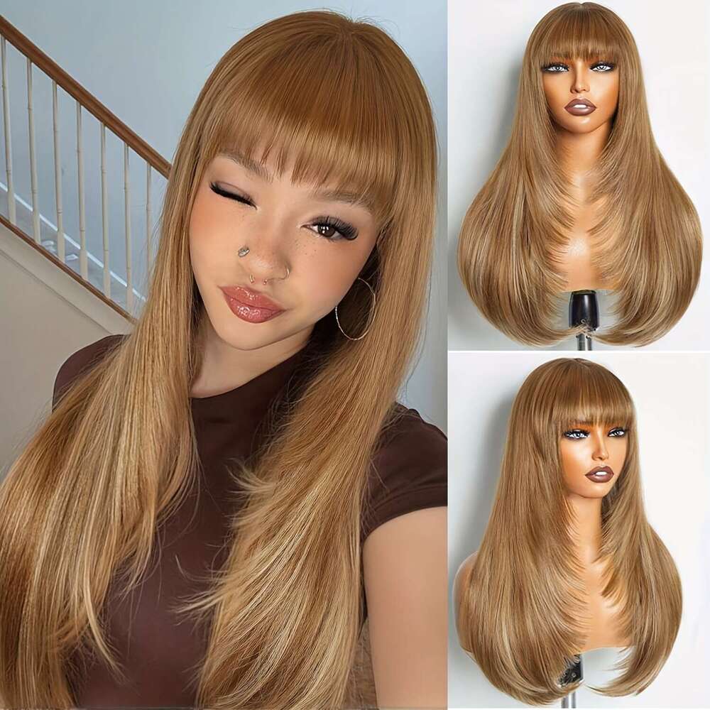Chic Layered Straight Wig With Bangs - Brown Synthetic Hairpiece Women, Glueless Pixie Cut, Density Rose Net Cap, Perfect For Daily Use & High-Tempera