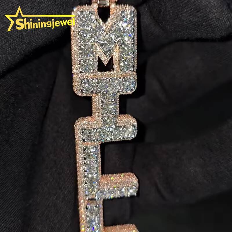 Custom Luxury Iced Out Letter Mosaic Hip Hop Men 925 Sterling Silver Gold Plated Moissanite Name Pendant