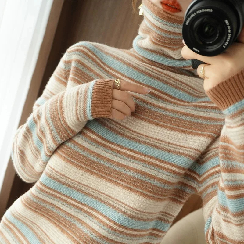 Autumn Winter Women Sweater Turtleneck Long Sleeve Warm Pullovers Fashion Stripe Knitwear Korean Bottoming Shirt Basic Jumper 251027
