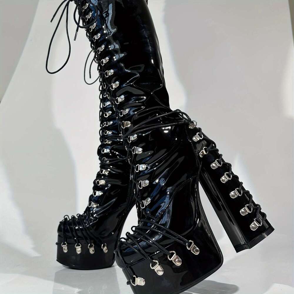 Frankie Hsu Goth Chunky Platform Knee High Heeled Lace Up Boots, Black Patt Siery Multi Buckle Gothic, Punk Y2k Hot Big Large Size Calf Long Shoes For