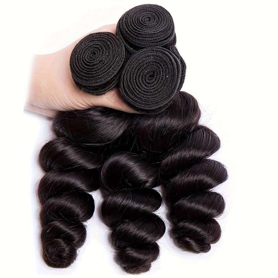 3 Bundles Brazilian Virgin - Natural Black Weave Women, Long Loose Wave Curly With & Length, Natural-Looking Hairline, High-Quality Lace Closure
