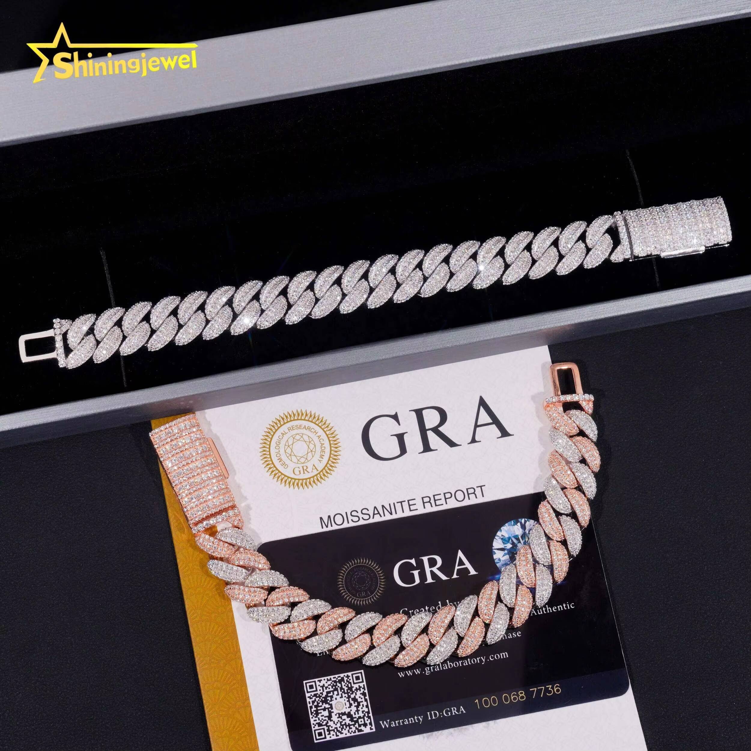 High Quality Iced Out Moon Shape 925 Silver Two Tone Hip Hop 13mm Mens Moissanite Cuban Link Bracelet