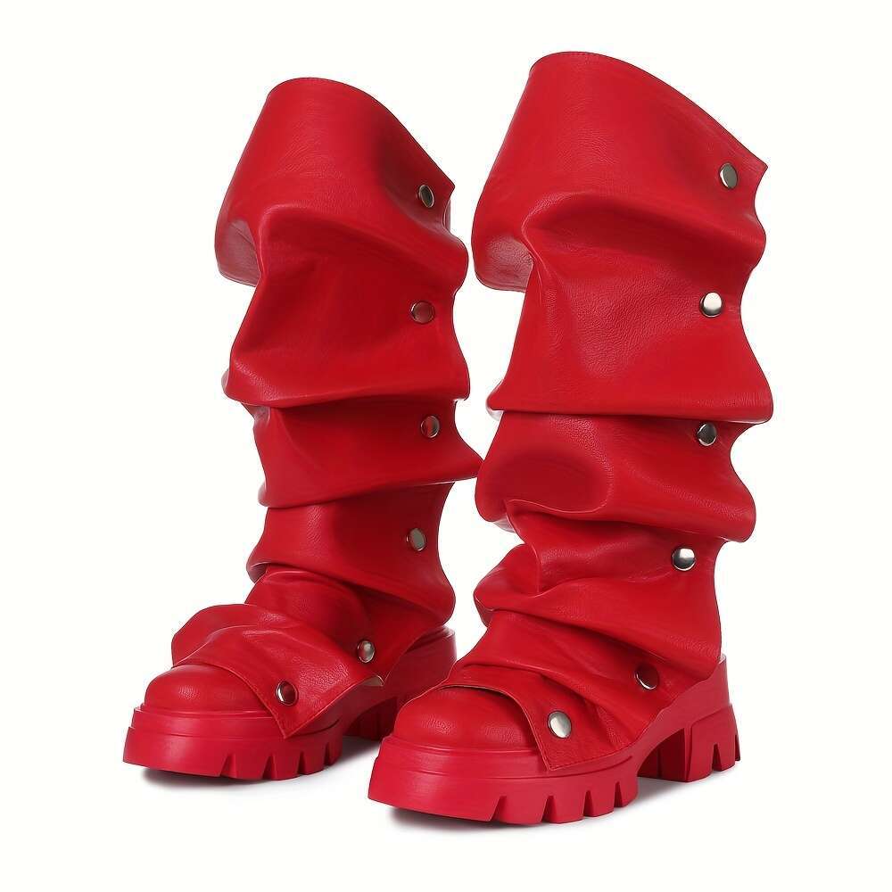 Chic Women's Fold Over Round Toe Chunky Heels Pleated Pull On New Year Holiday Wide Calf Short Booties