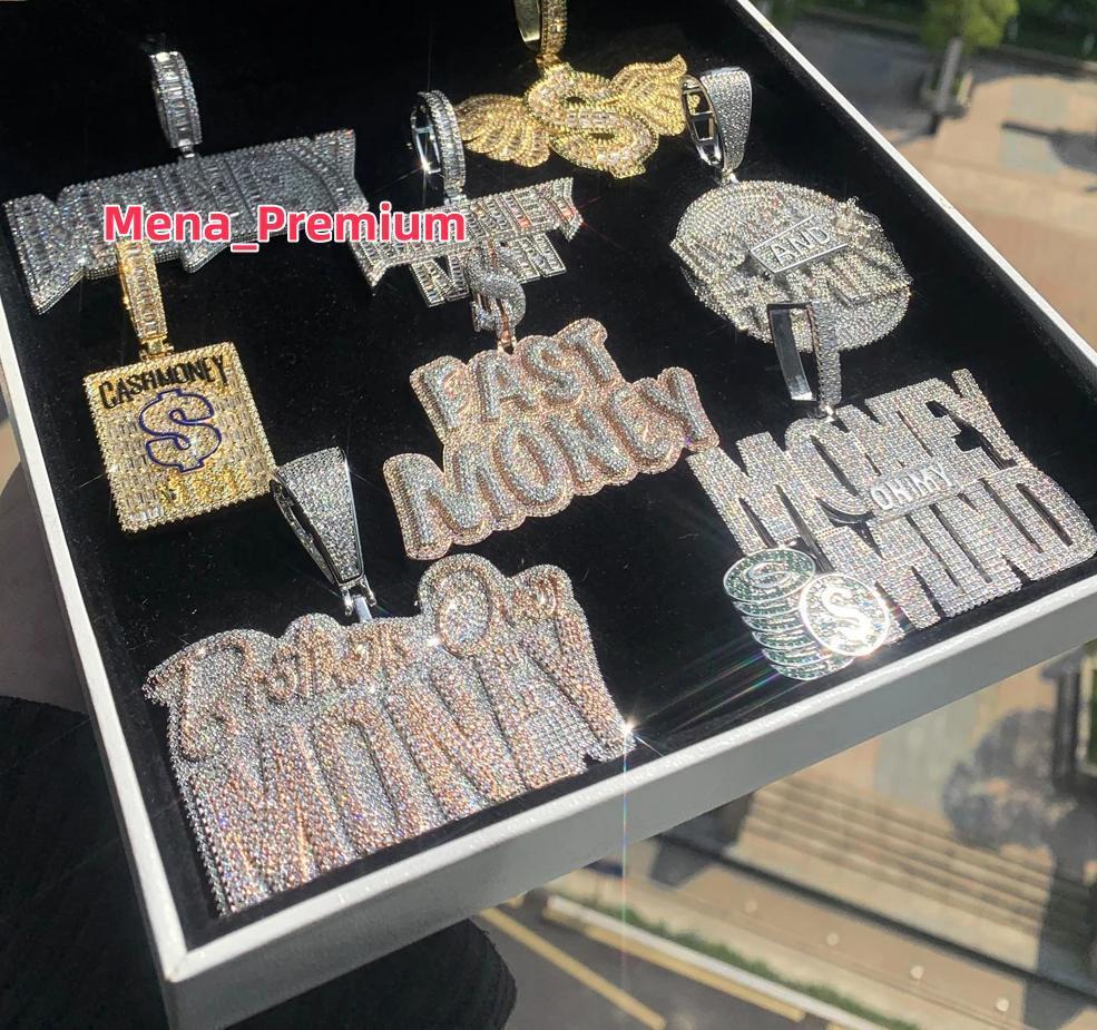 Hip Hop Iced Out Sparking Letter Money and Family Round Charm Bling Cubic Paved Pendant Necklace Men Jewelry