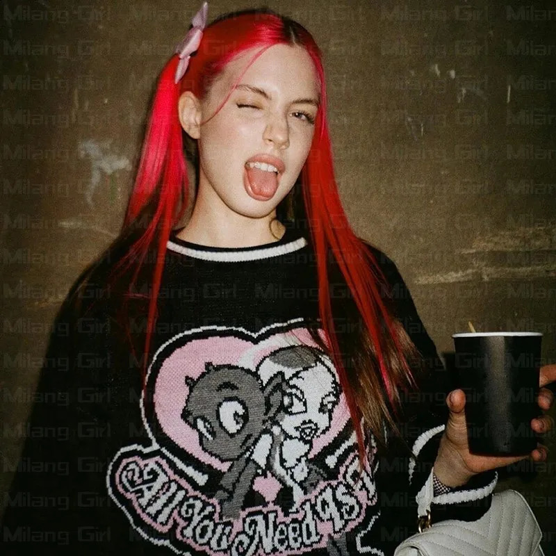 Oversize Sweater Women Y2k letter graphics Tops Long Sleeve Jumper Knitted Autumn Korean Goth Grunge Harajuku Pullover Clothing 251027