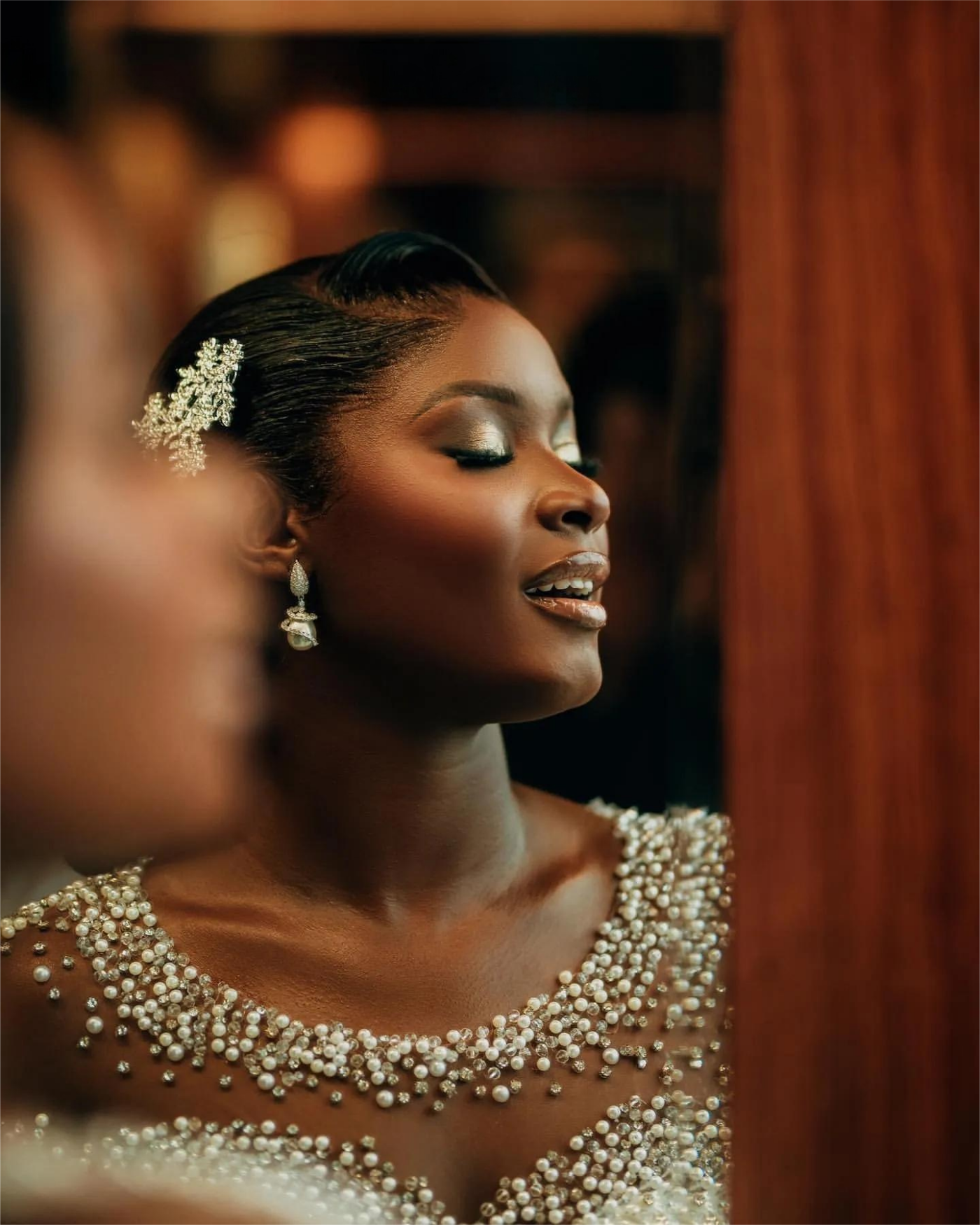 Aso Ebi Mermaid Wedding Dress in Ivory with Beaded Crystals Satin Tiers Luxurious and Sheer Neck