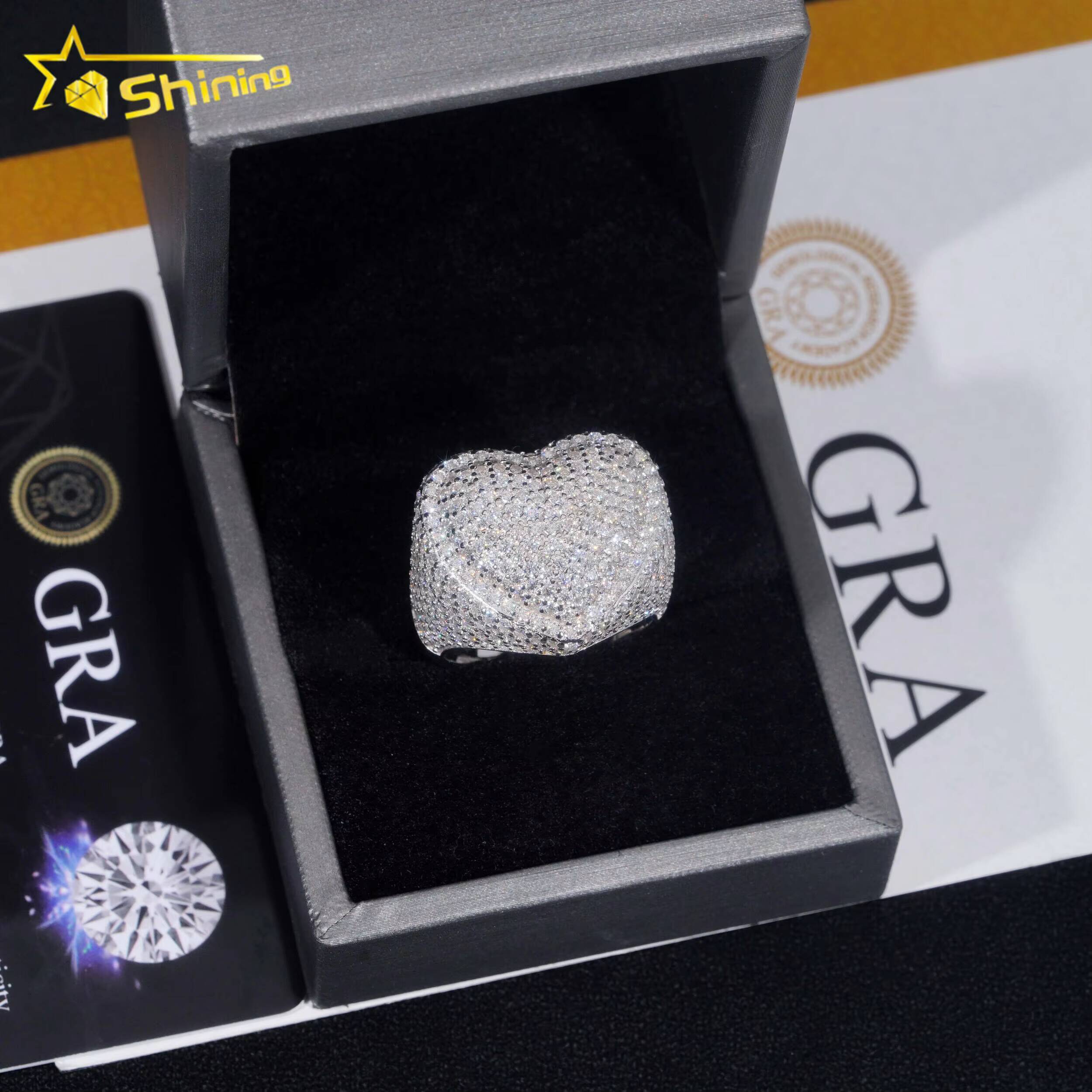 Ready to Ship Moissanite Mens Ring 925 Silver Iced Out Heart Shape Hip Hop Rings