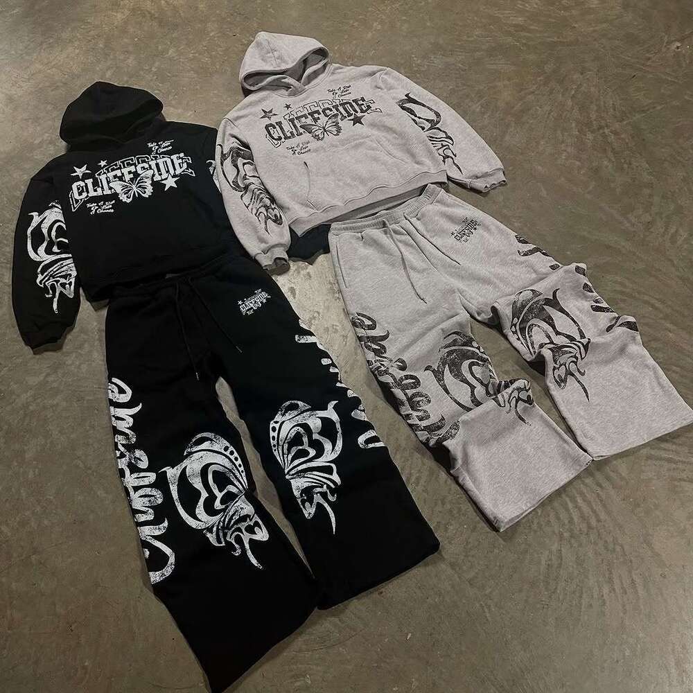 Unique Butterfly Letter Print Vintage Loose Hoodie and Straight Casual Sweatpants